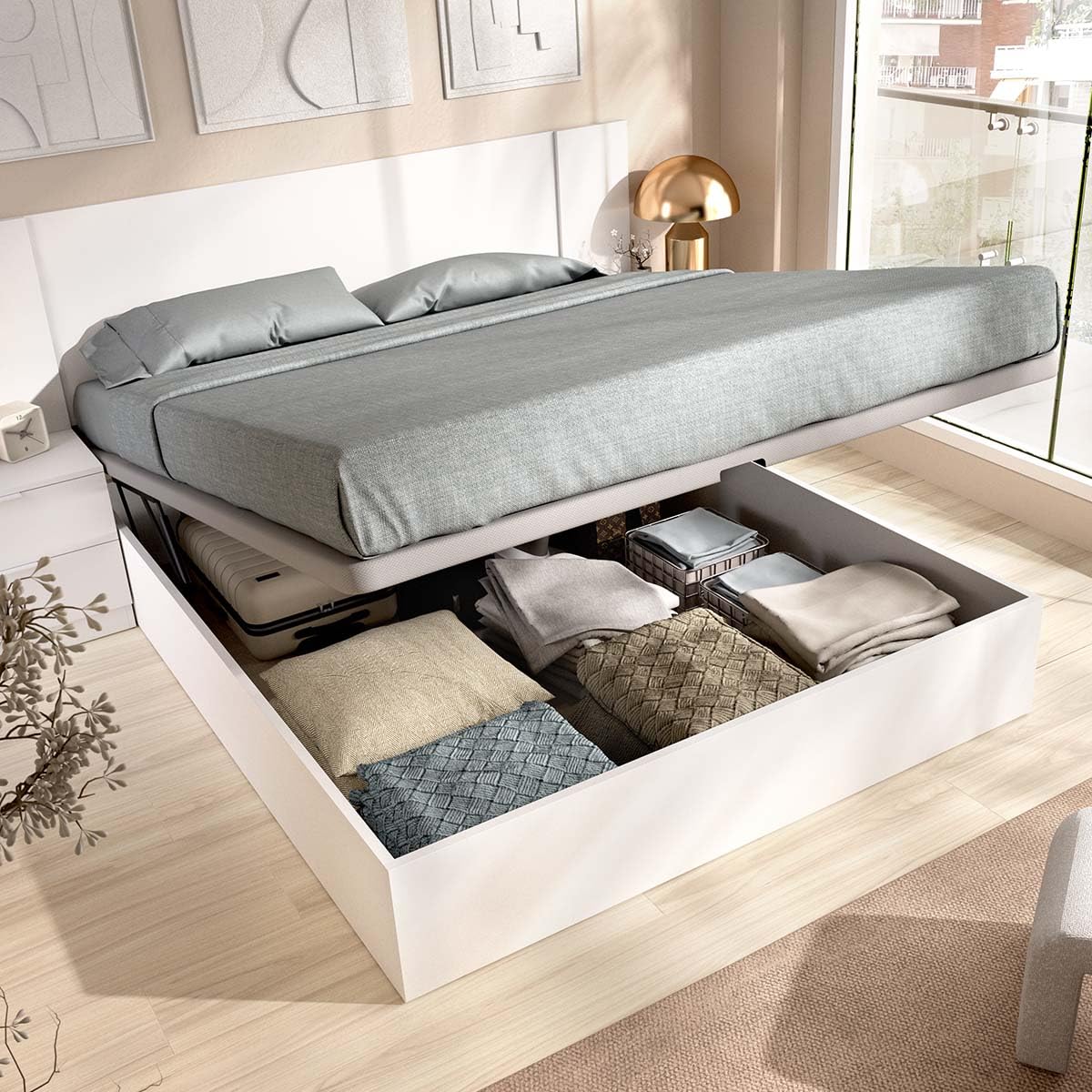 DEKIT - Pack Ahorro Dormitorio Canapé Nest con Cabezal len con 1 Colchón viscoelástico Nova 150 x 190 cm, Altura 20 cm