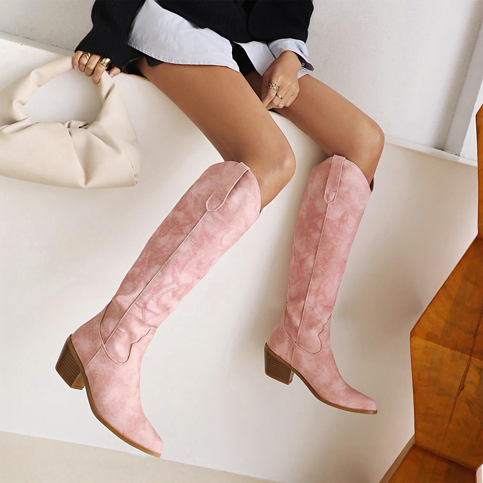 Botas hasta La Rodilla Western con Detalles Bordados Tacón Ancho Punta Otoño Moda Diario Aire Libre Montar Fiesta Festival Eventos