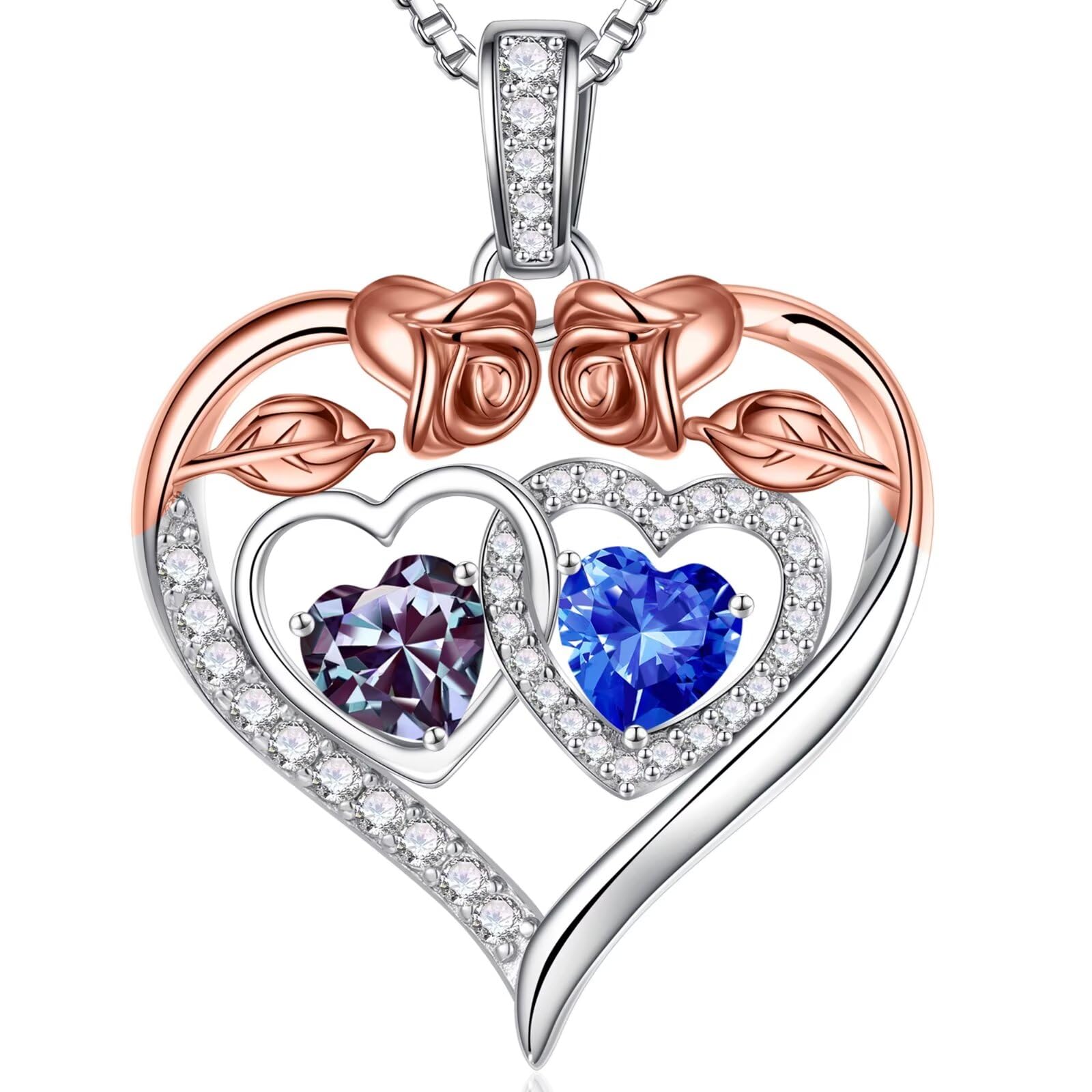 Iefil Mothers Day Gifts for Wife - 925 Sterling Silver Rose Heart Birthstone Necklaces for Women, Anniversary Birthday Gifts for Wife Girlfriend Mom