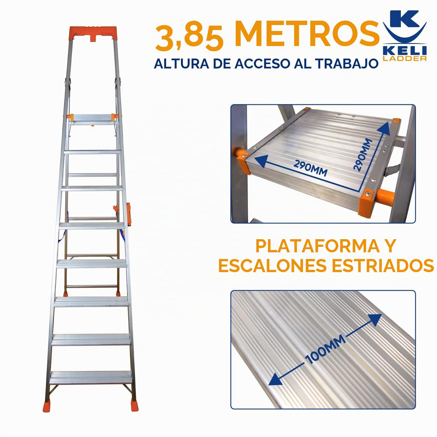 K•LUTECH - Escalera Plegable, Escalera Tijera, Peldaño, Fabricada en Aluminio, Calidad Profesional, Asa de Transporte Confortable, Portaherramientas ABS (Trabajo a 3,6 m)