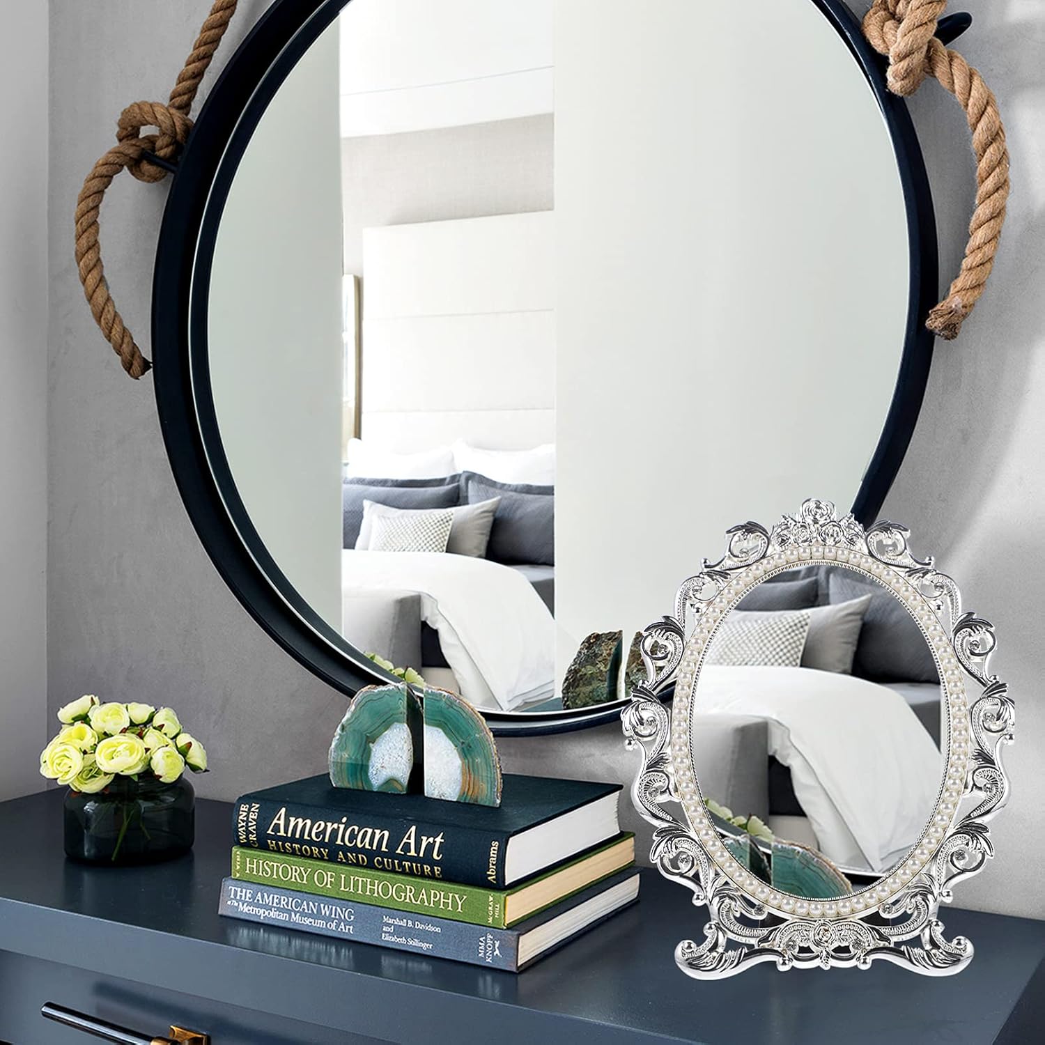 FOMIYES Vintage Makeup Compact Mirror Elegant Tabletop Dresser Mirror for Makeup Application Retro Style Silver Design for Bedroom Living Room and Study Use