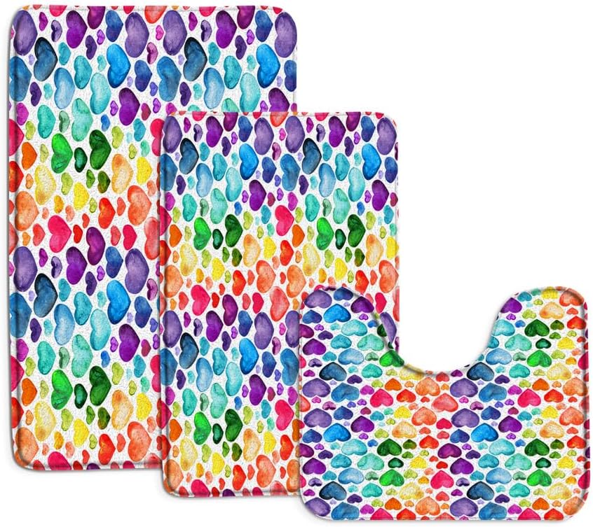 Heart 3 Piece Bath Mat Sets,Valentines Colorful Heart Watercolor Sweet Love Romantic Blue Red Yellow Bathroom Rugs,16"x24"Bath Mat,Toilet Seat Cover, U-Shaped Toilet