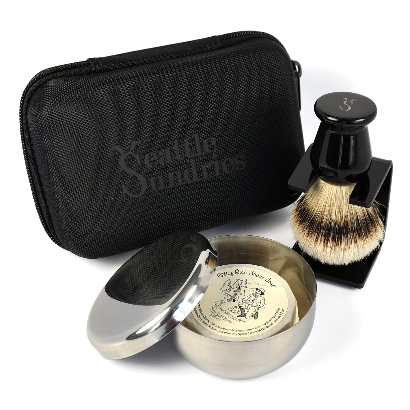 Silvertip Badger Shaving Brush Travel Shave Set for Men with Bay Rum Scented Tallow Shave Soap - Men's Shaving Kit Gift Set from Seattle Sundries