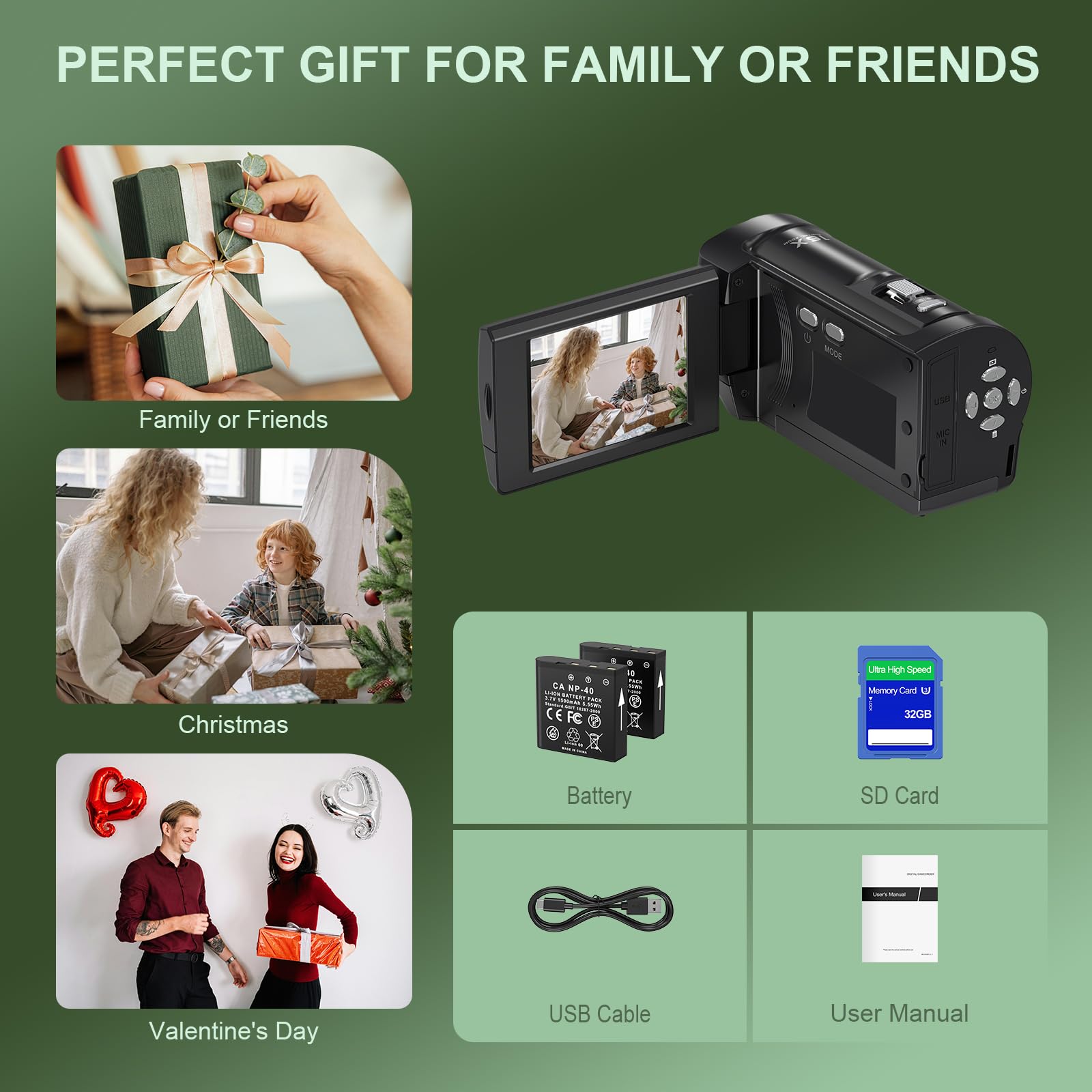 Camcorder 2.7K 56MP Vlogging Camera 16X Digitalzoom 2,8 Zoll 270 Grad Drehung LCD LED-Fülllicht 32 GB SD-Karte
