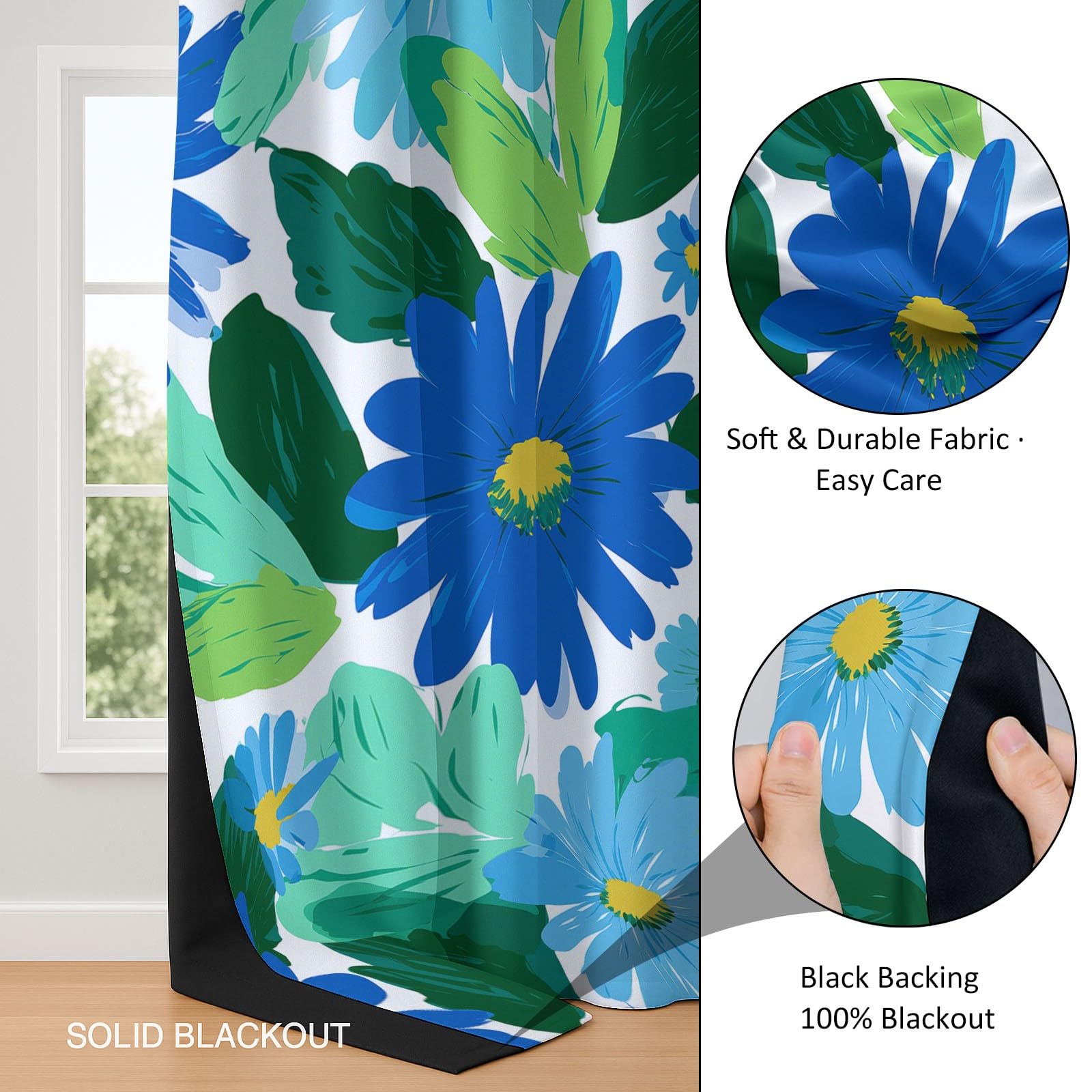 Bezszwowe kwiaty malowane olejnie zasłony na prezent do nowego domu 140 x 300 cm niebieski - eleganckie i praktyczne zasłony zaciemniające, zestaw 2 paneli idealny na ślub, urodziny lub przeprowadzkę