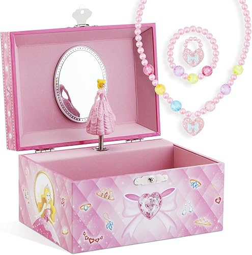 Caja de joyería musical para niñas y joyas con lindo tema de princesa - Beautiful Dreamer Tune Pink
