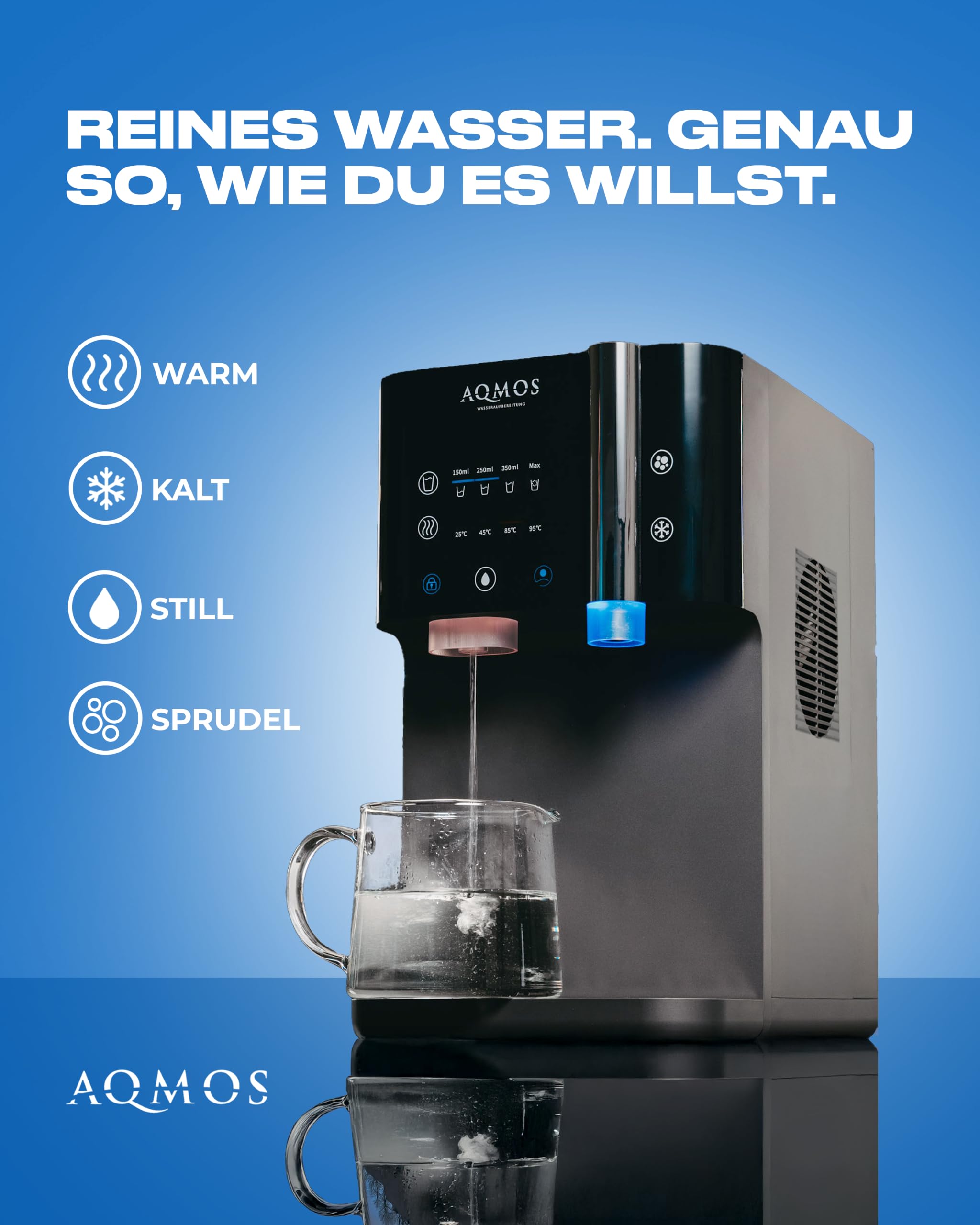 Dispensador de Agua Aqmos Drinking Negro – Sistema Premium Todo en uno con Agua con Gas y sin Gas, Caliente y fría (5–95 °C), ósmosis inversa integrada, Control táctil, para Cocina y Oficina