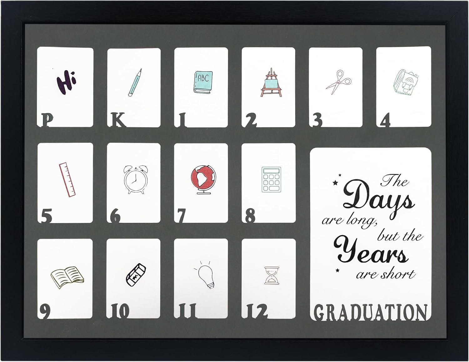 GMFrames School Years Picture Frames Pre-K to 12 Graduation School Photo Frame for Pre-School & Kindergarten to 12th Grade Keepsake for Graduation Gifts Student Black Black Frame 12x16 With Grey Mat-Horizontal 1 Pack