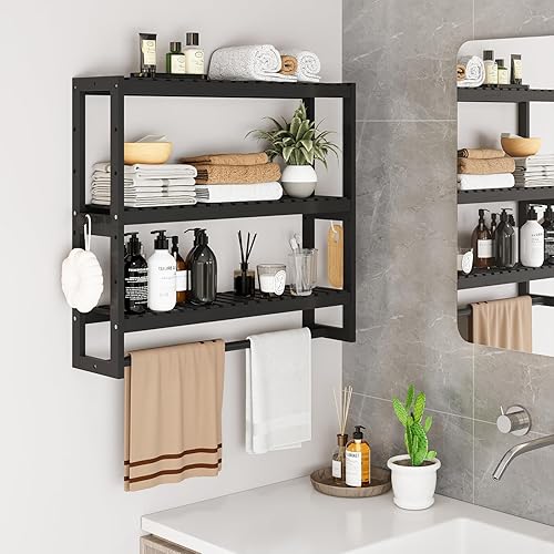 Miniatura 2 de RRX Organizador de almacenamiento de estante de baño, estante de baño, organizador de bambú de 3 niveles ajustable con barra, colgante, estante