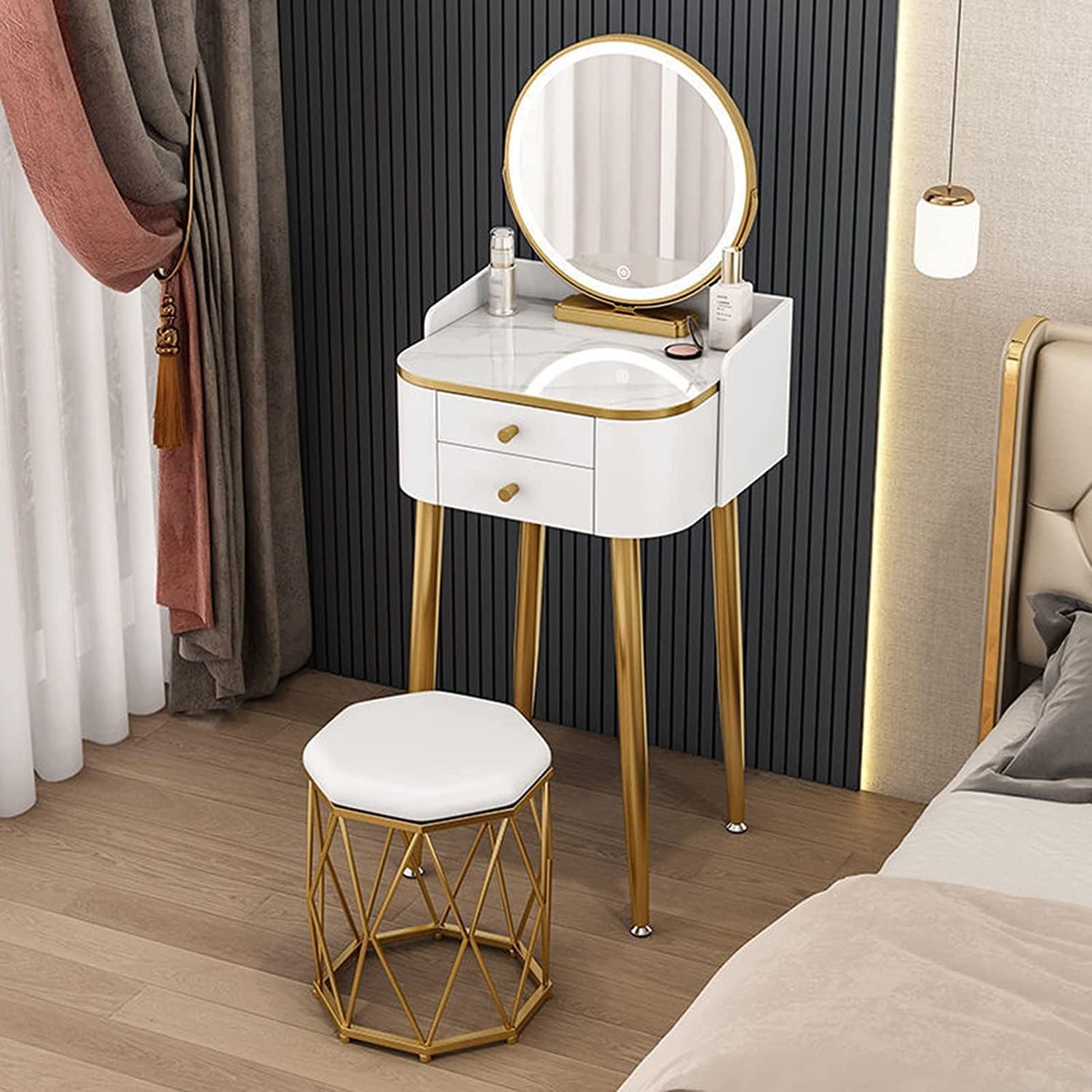 Small Vanity Desk with Mirror and Lights, Dressing Table Vanity Set with Drawers, Storage Shelves and Cushioned Stool, Makeup Tabl for Bedroom,C,60cm/23.6in