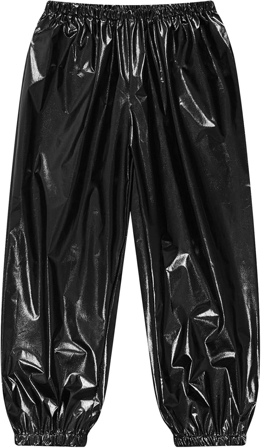 Boys Girls Shiny Metallic Hip Hop Dance Pants Kids Loose Fit Harem Trousers for Jazz Street Disco Party Costume