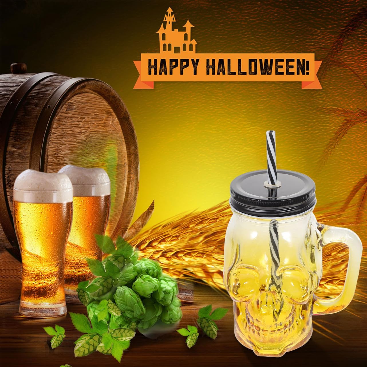 ABOOFAN Halloween Gradient Skull Glass Cup with Handle 500ml, 2pcs Party Beer and Beverage Glasses with Lid and Straw, Halloween Skull Drinkware for Festive Decorations Random Color