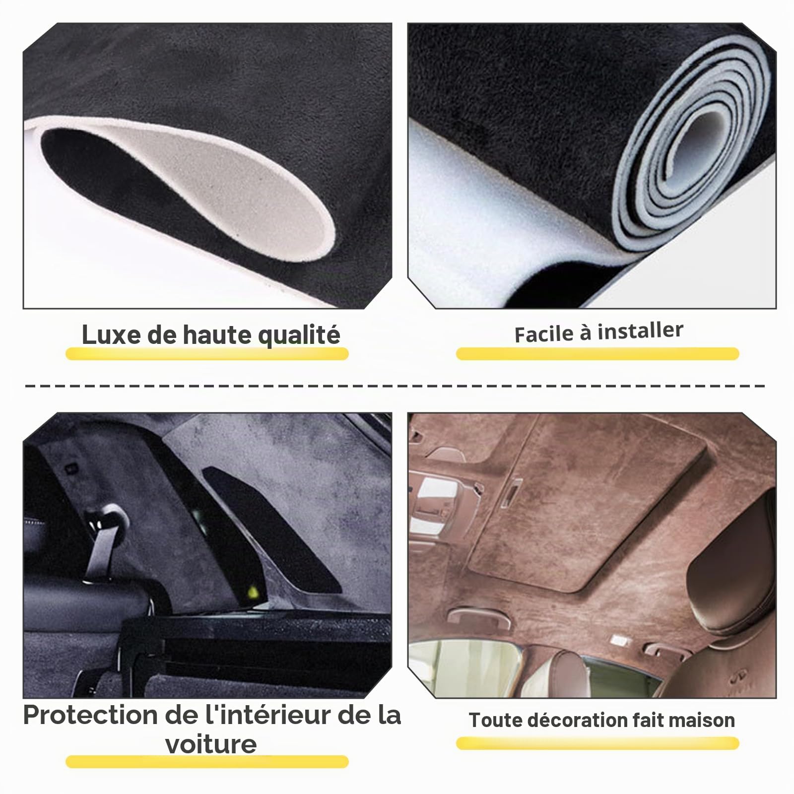 Tissu ciel de toit - Vendu au mètre - Aspect daim - En cuir synthétique - Avec dos en mousse de 4 mm - Revêtement intérieur - Réparation de tissu de voiture - Noir - 150 x 250 cm