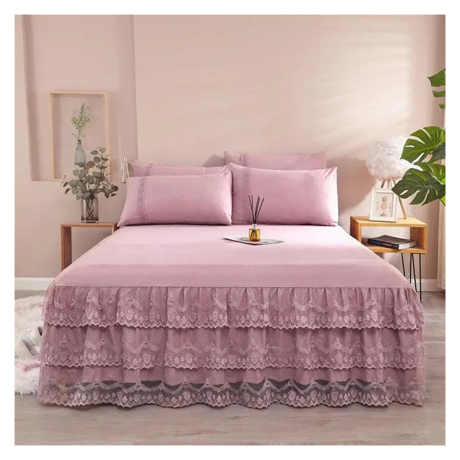 Bed Skirt Pillowcase Bed Set Ruffle Three Layers Lace Bedspreads Sheet Soft Fitted Sheet Cover(4,180x220cm 3pcs set)