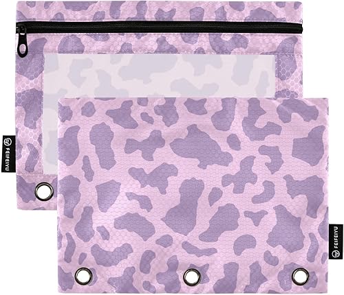 Gredecor Estuche para lápices con 3 anillos, estampado de vaca, morado pastel, con cremallera, 2 unidades, organizador transparente para carpetas