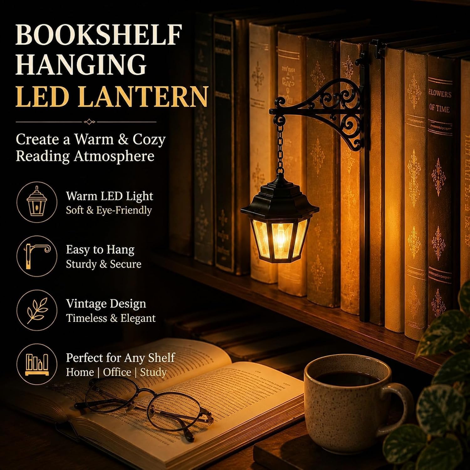 Vintage lampa LED Book Nook z podstawą podpórki na półki