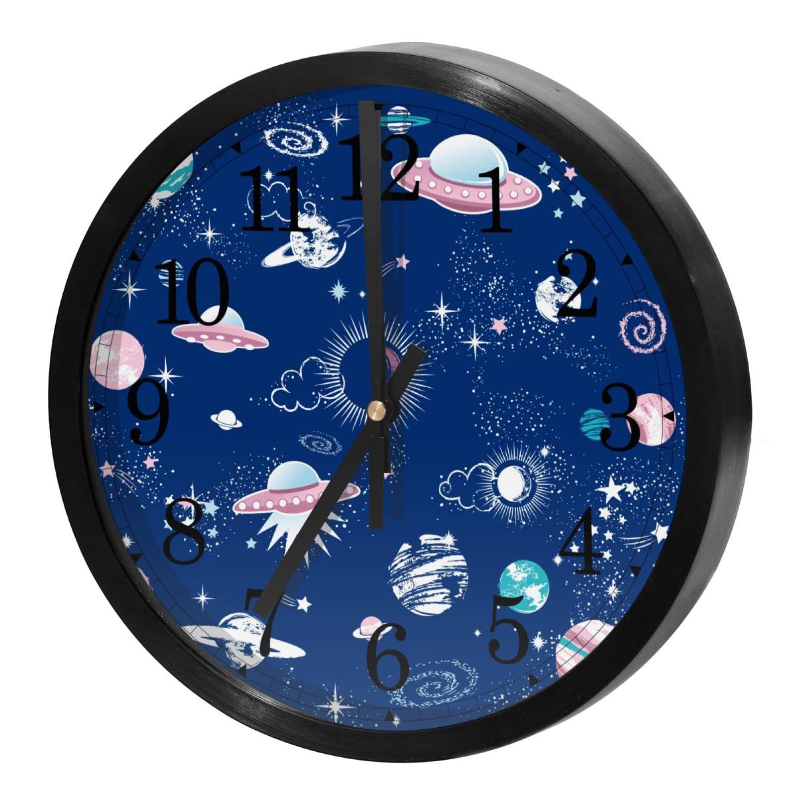 Horloge murale sans tic-tac à quartz au design de vaisseau spatial bleu pour bureau et salon