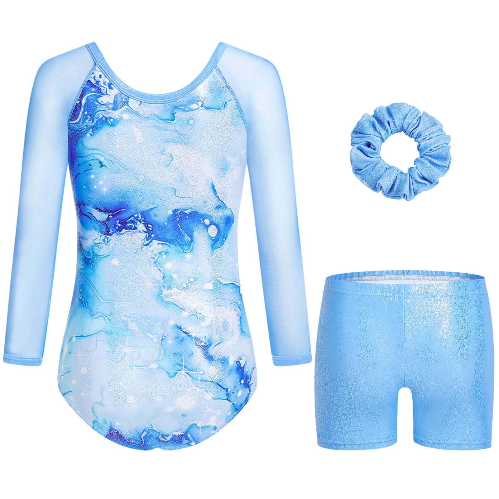 Gogokids Mädchen 3-teilige V-Ausschnitt Turnanzüge, 3/4-Arm Turnoutfit mit Netz Splicing Design, Funkelnde Turnbekleidung für Mädchen mit Shorts und Haarband für Alter 3-12 und als Turngeschenk