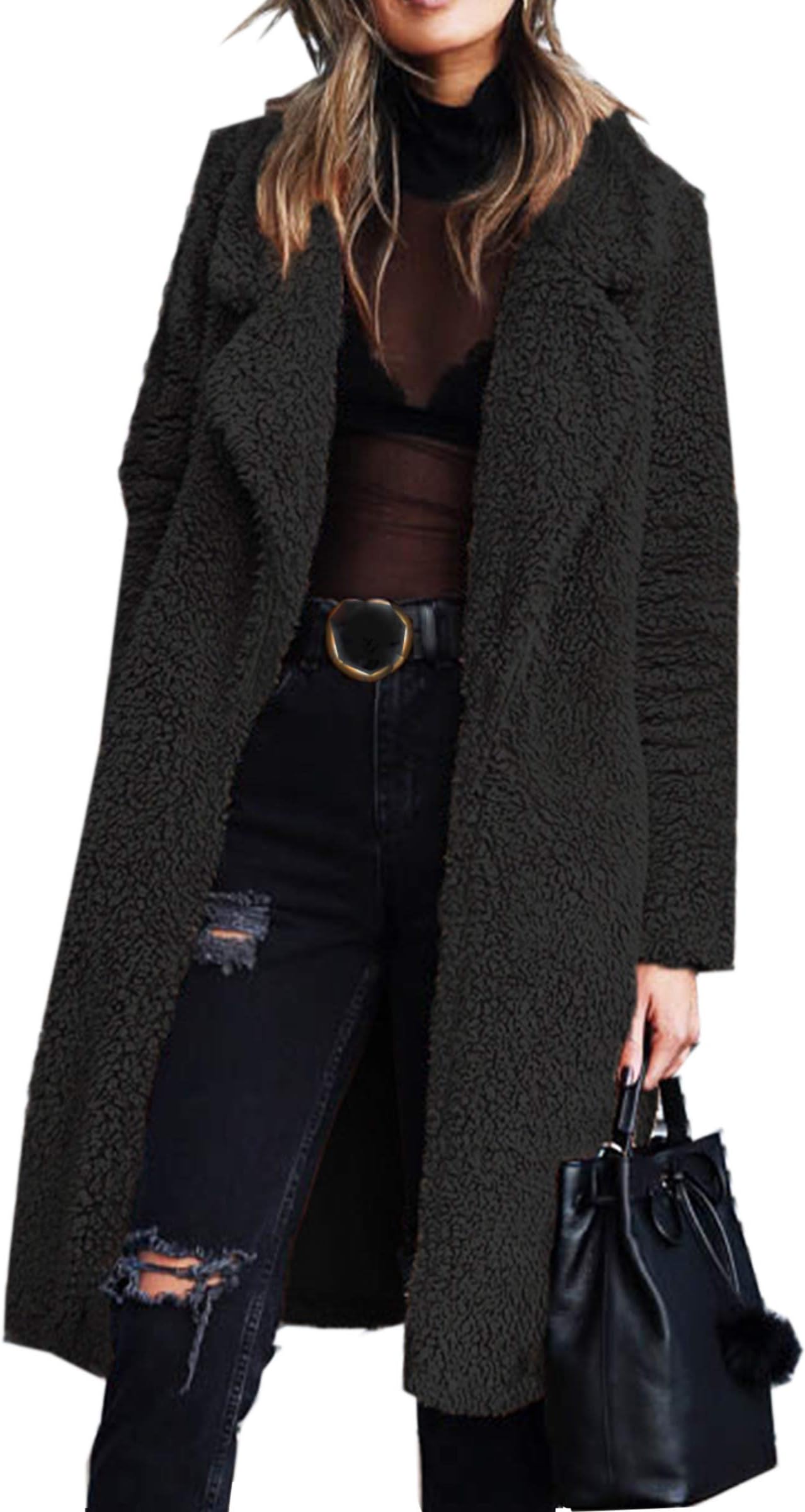 Women's Fuzzy Fleece Lapel Open Front Long Cardigan Coat Faux Fur Warm Winter Outwear Jackets Black 2XL