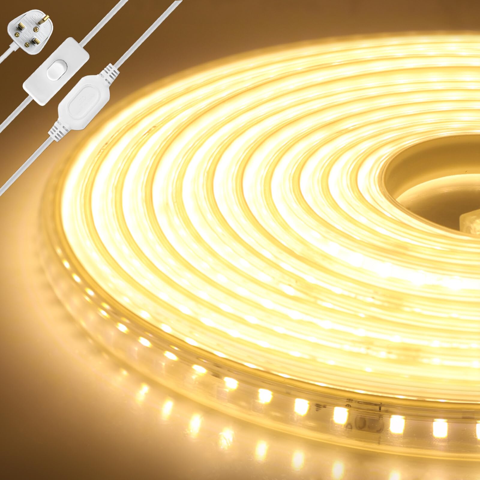 KAFULA 220V LED Light Strip with Switch, IP65 Waterproof Flexible, 120 LEDs/m 10m Warm White 3000K Super Bright LED Fairy Light CRI90+, can be Cut Every 20cm, Home Lighting