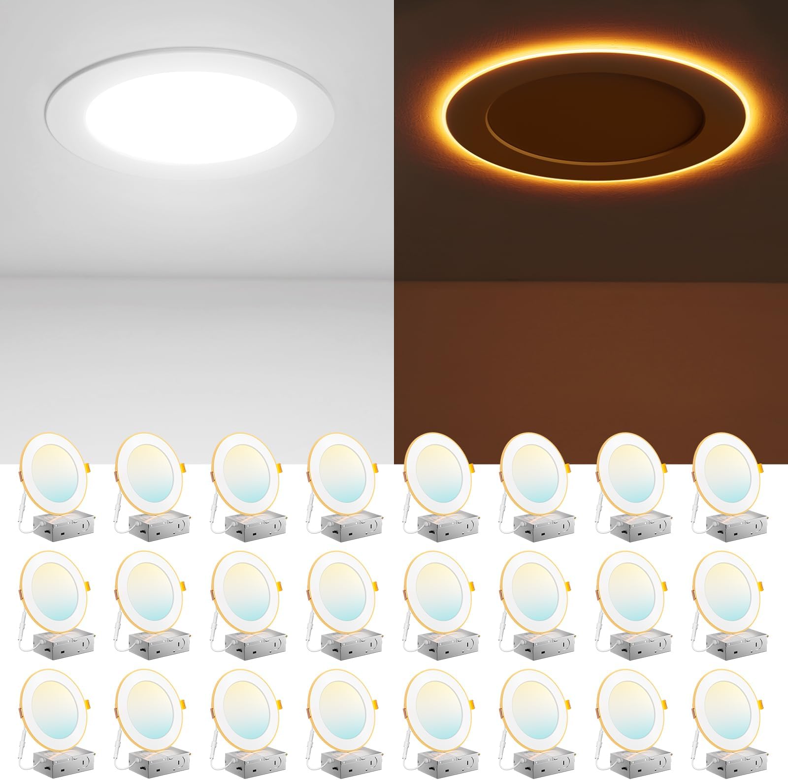 Amico 24 Pack 6 Inch 5CCT LED Recessed Ceiling Light with Night Light, 2700K/3000K/3500K/4000K/5000K Selectable Ultra-Thin Recessed Lighting, 12W=110W, 1100LM, Dimmable Canless Wafer Downlight ETL&FCC