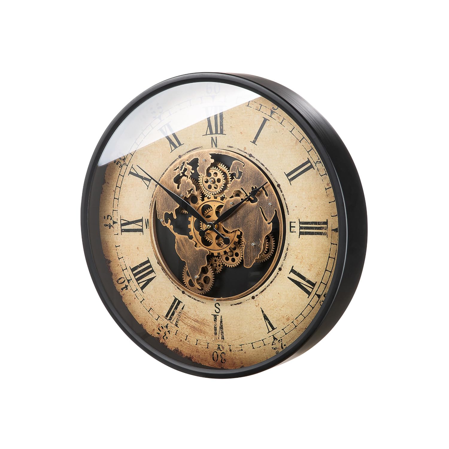 GILDE Wanduhr - Metall - Rund - Ø 60cm - Weltkarten- und Zahnrädermotiv - Creme Kupferfarben - Batterien in der Lieferung Nicht enthalten