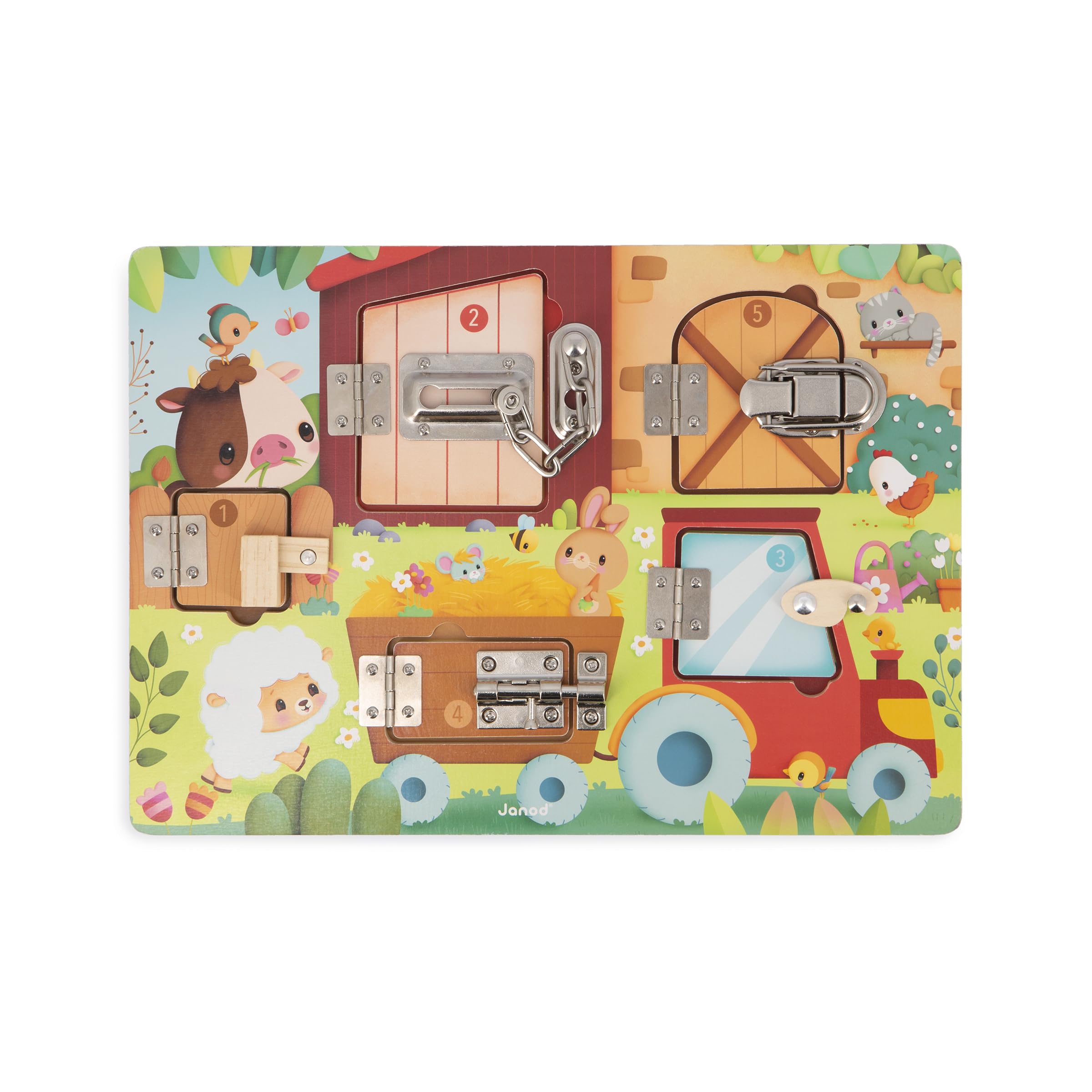 Janod - Farm Padlock Board - Busy Board Activity Board - 5 Types of Openings - FSC Wooden Toy - From 3 years