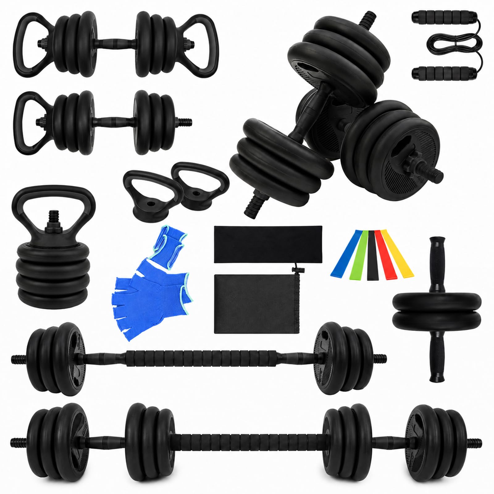 BREEZENEST 6-in-1 Adjustable Dumbbell Set 20kg Home Gym Kit, Multifunctional Weight Training Equipment with Barbell, Kettlebell, Push-Up Bars, Jump Rope & Ab Roller for Full Body Workout (Black)