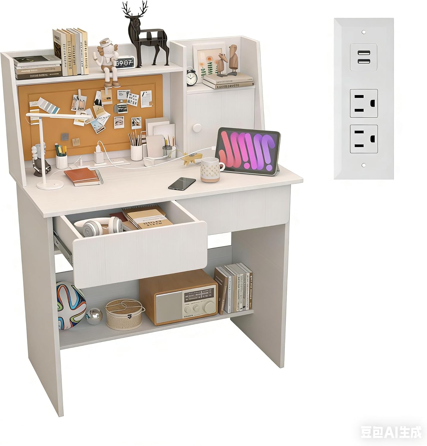 Wooden Lvory White Kids Study Desk, Charging Station and 2 Drawers, Children Desk with 3 Open Hutch and Shelves, Girls Study Desk for Kids Bedroom-004