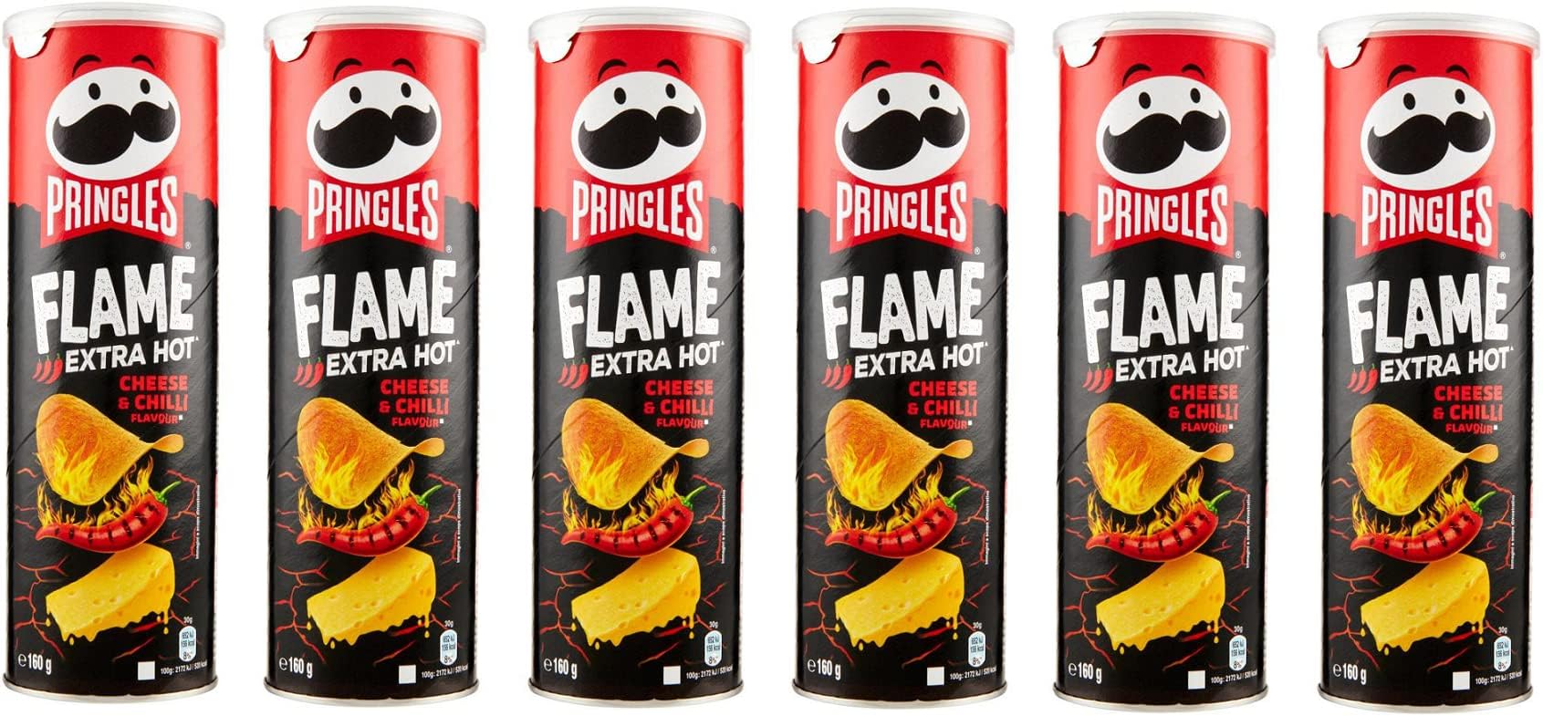 6 x Pringles Flame Extra Hot Cheese & Chilli Snack Salato al Gusto di Formaggio Piccante Salty Snack with Spicy Cheese Flavour 160 g