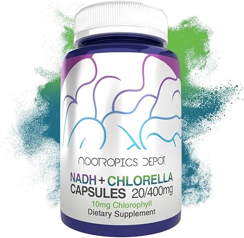 Nootropics Depot Cápsulas NADH + Clorofila de 10 mg  Dinucleótido de adenina de nicotinamida de 20 mg  Chlorella vulgaris (células rotas) 400 mg