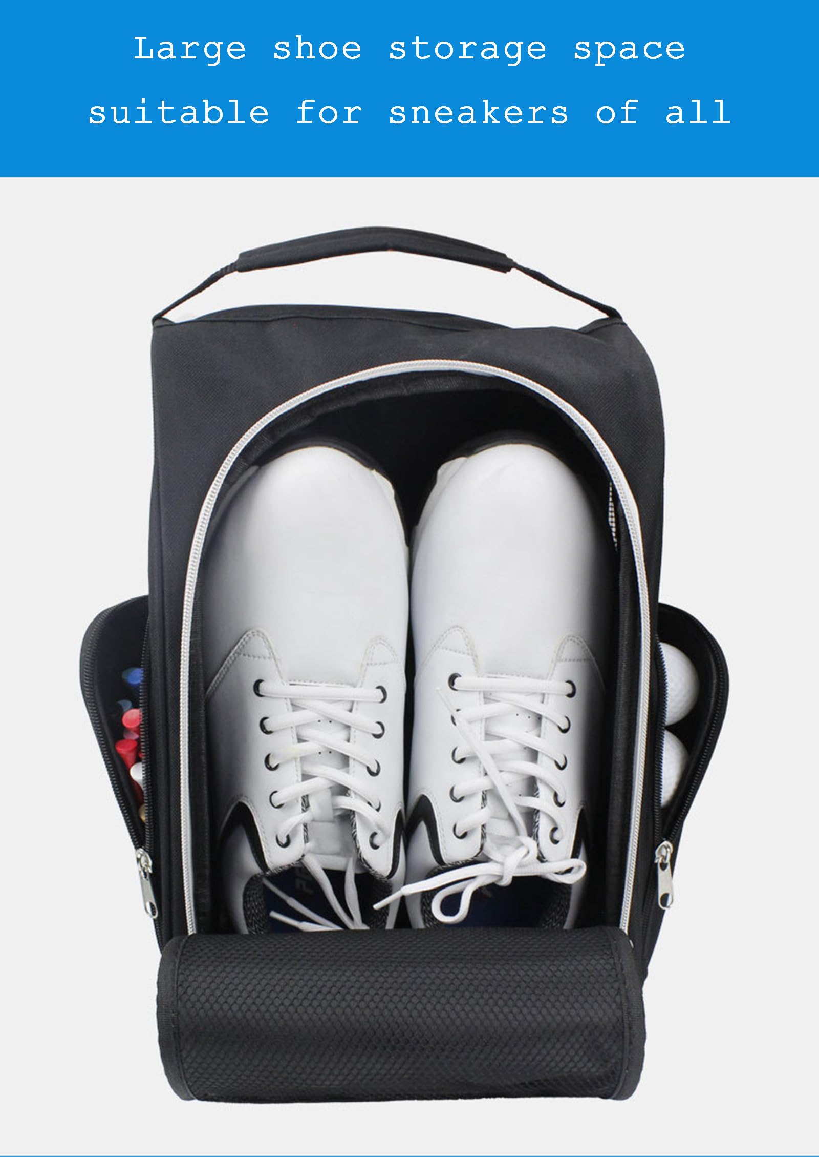 Golfschuhtasche für Männer und Frauen, Sportschuhtasche aus Nylon mit Reißverschluss und 2 Großen Außentaschen für Zubehör für Bälle, Tees und Socken