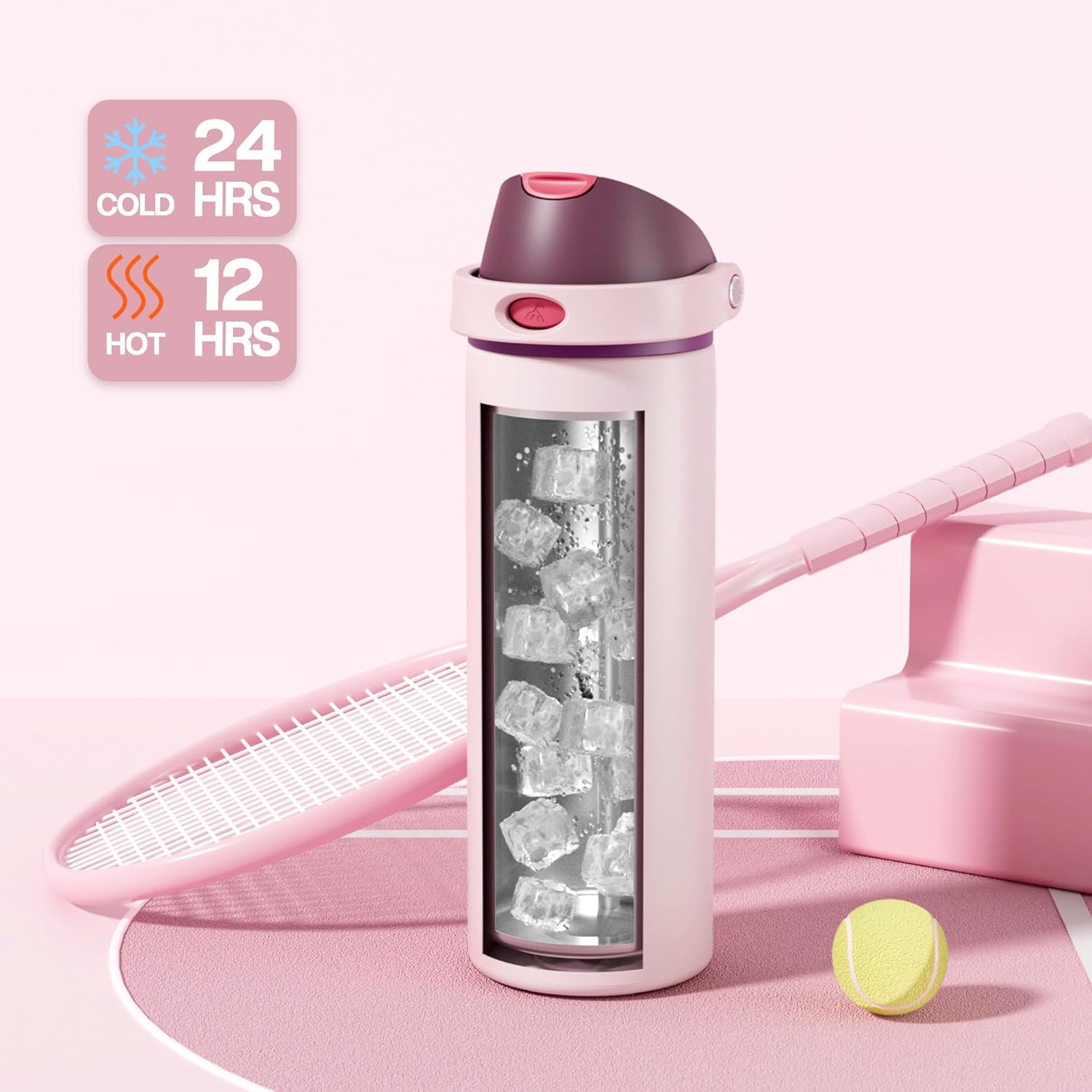 POWCAN 24 oz Stainless Steel Water Bottle: 2-in-1 Push-Button Spout & Quick-Flip Straw, Leakproof, Cold 24 Hrs, Fits Car Cup Holder, Insulated Bottle for Gym, School, Travel, Outdoor Gift (Plum Field) - Image 3