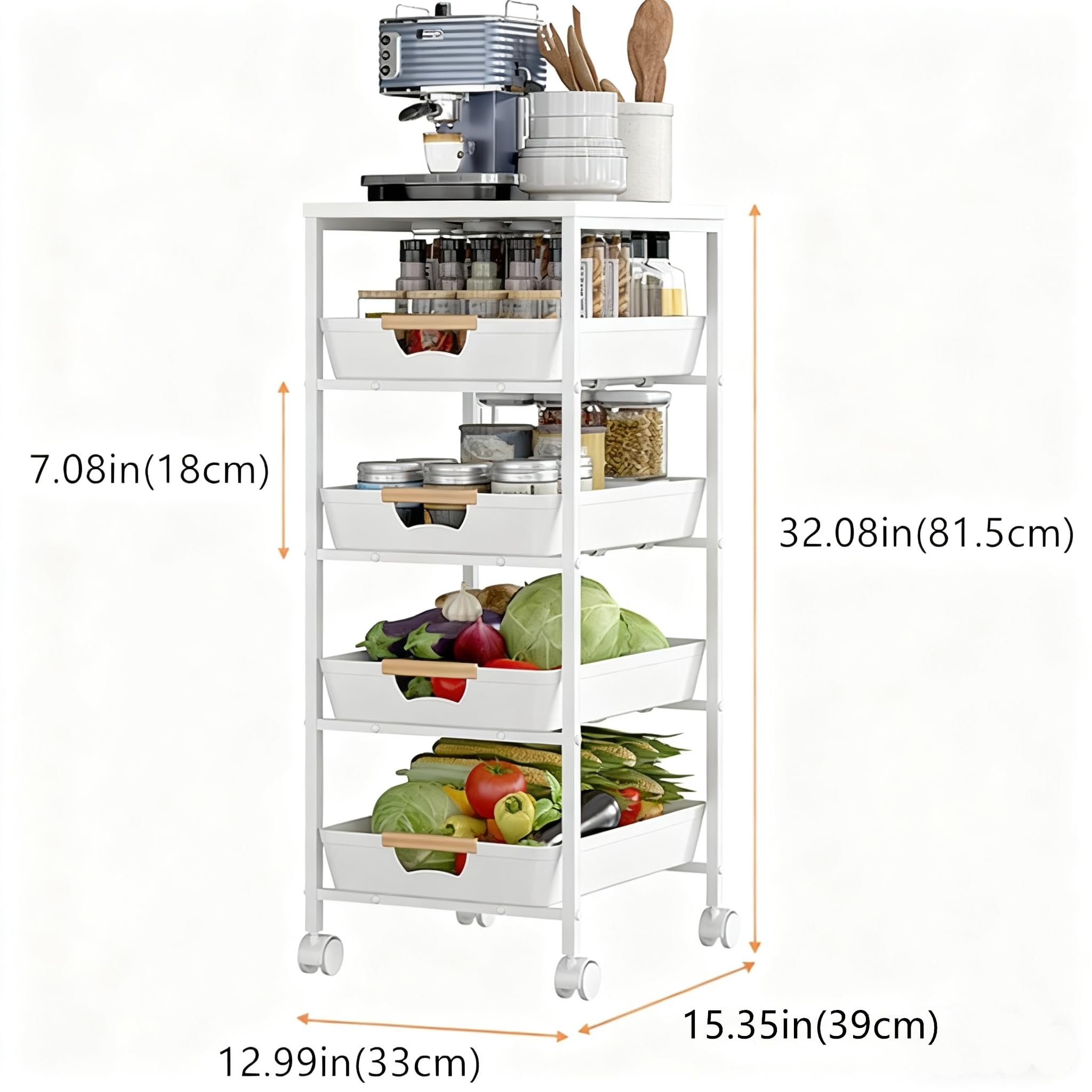 CarolynDesign Carrello portaoggetti con struttura in metallo a 5 ripiani con piano in legno, ruote multifunzionali, con cassetti estraibili, per cucina, soggiorno, bagno