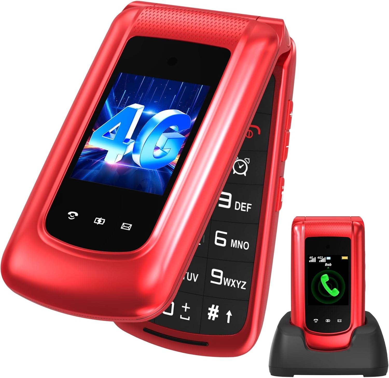 Uleway T380D 4G Telefono Cellulare per Anziani con Tasti Grandi, Flip Telefoni Cellulari Anziani con Doppia SIM, 2.4"+1.77" Doppia Display, Volume Alto, Funzione SOS, Chiamata Rapida, Base di Ricarica