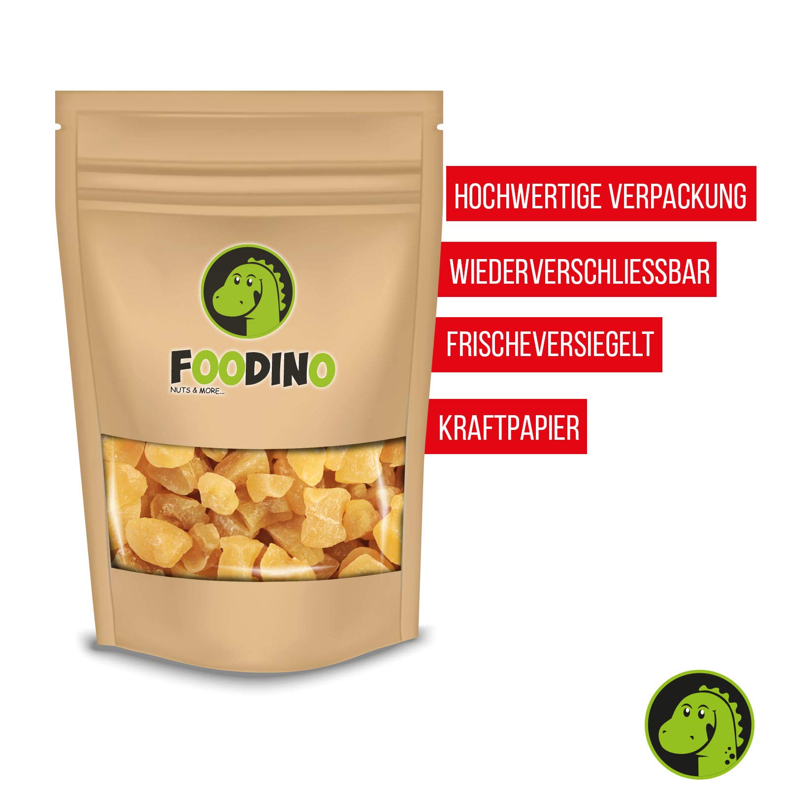 FOODINO Ingwerstücke scharf leicht kandiert 100% Natur 500g 2,5kg wiederverschließbar