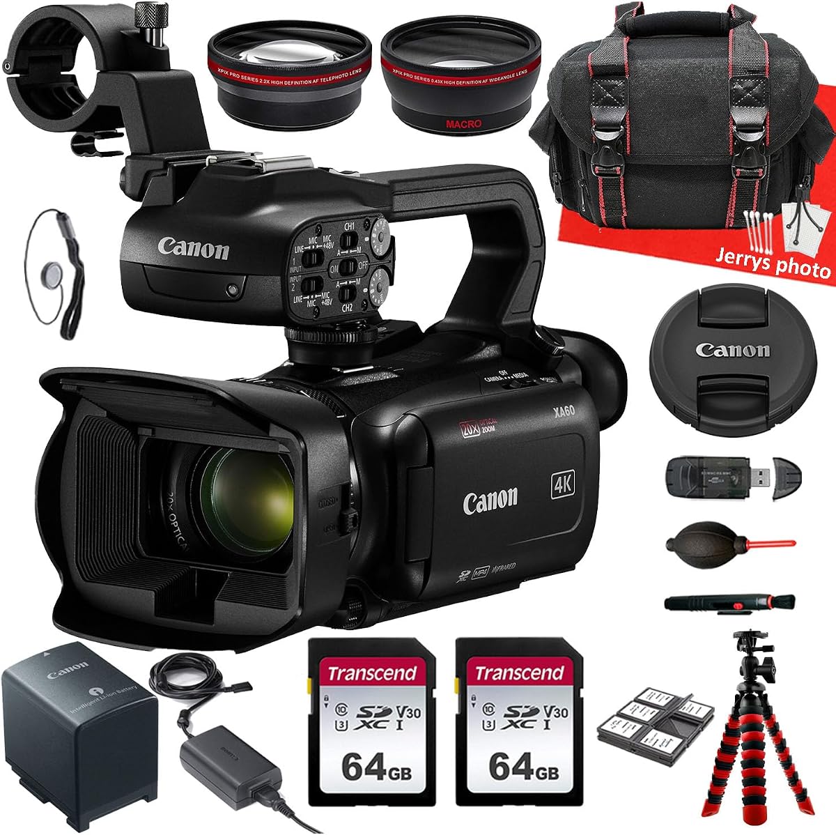 Canon XA60 Professional UHD 4K Camcorder + AVX Wide Angle and Telephoto Lens + 2PC 64 GB Memory + Spider Tripod + More (19pc Bundle), Black (Renewed)