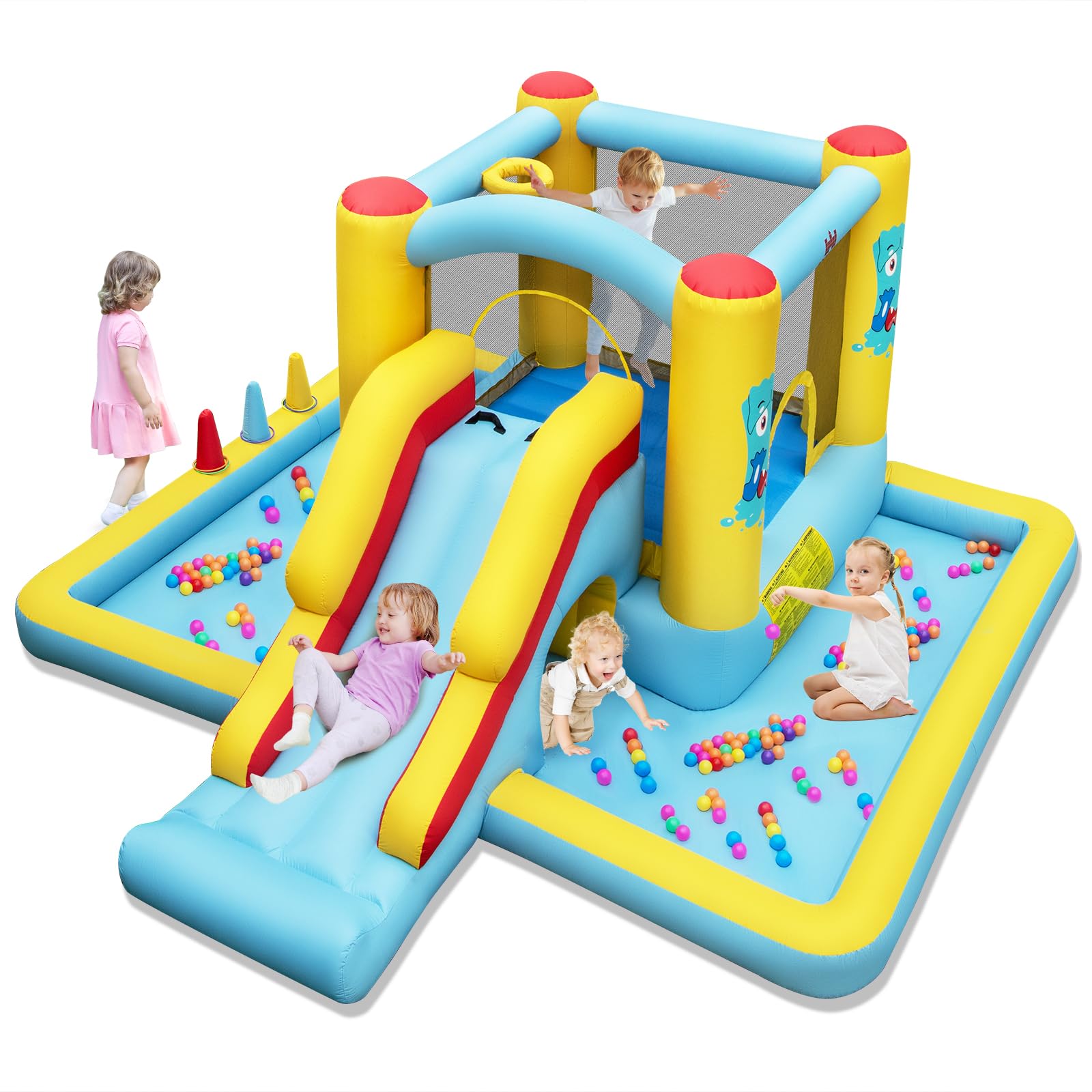 COSTWAY Kids Bouncy Castle, Inflatable Bounce House with Slide, Jumping Area, Basketball Hoop, Ball Pit, Ring-toss Game, Children Blow Up Jumper for Indoor Outdoor
