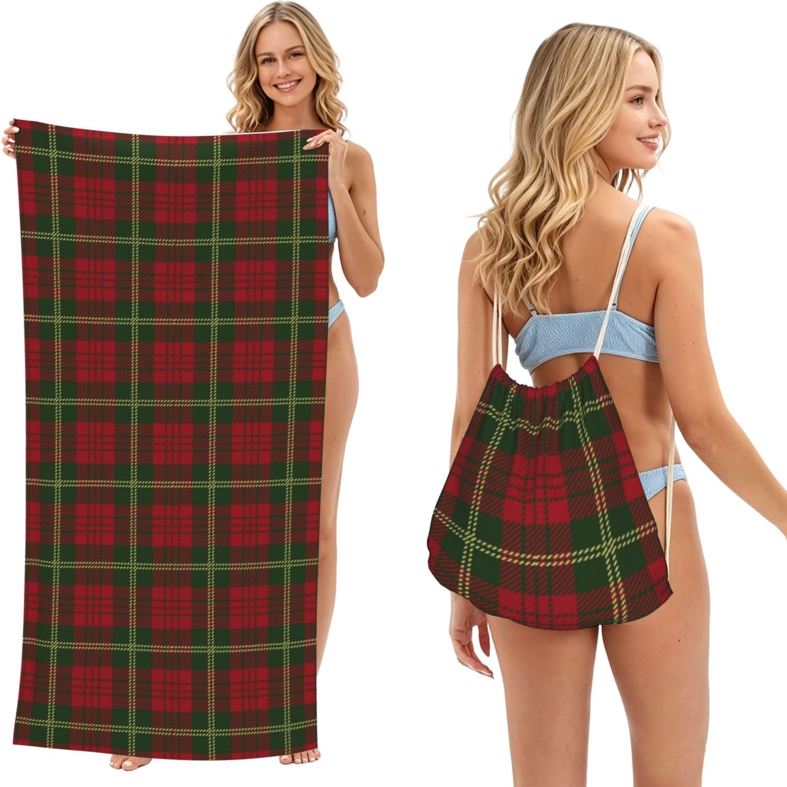 Poadnly As Picture Christmas Plaid, 2 In 1 Packable Towel Bag, Beach Towels With Drawstring Backpack For Travel Holiday Camping