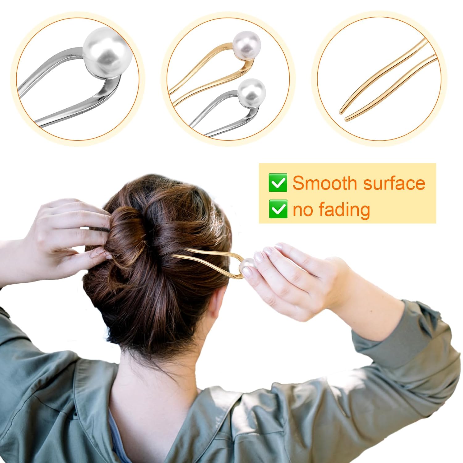 2pcs French Pearl Hair Pin, 11x2.7cm/4.33x1.06inch Metal French U Hair Pins Hair Pin Hair Sticks Gold Silver Hair Clip Hair Accessories for Women (Type1)