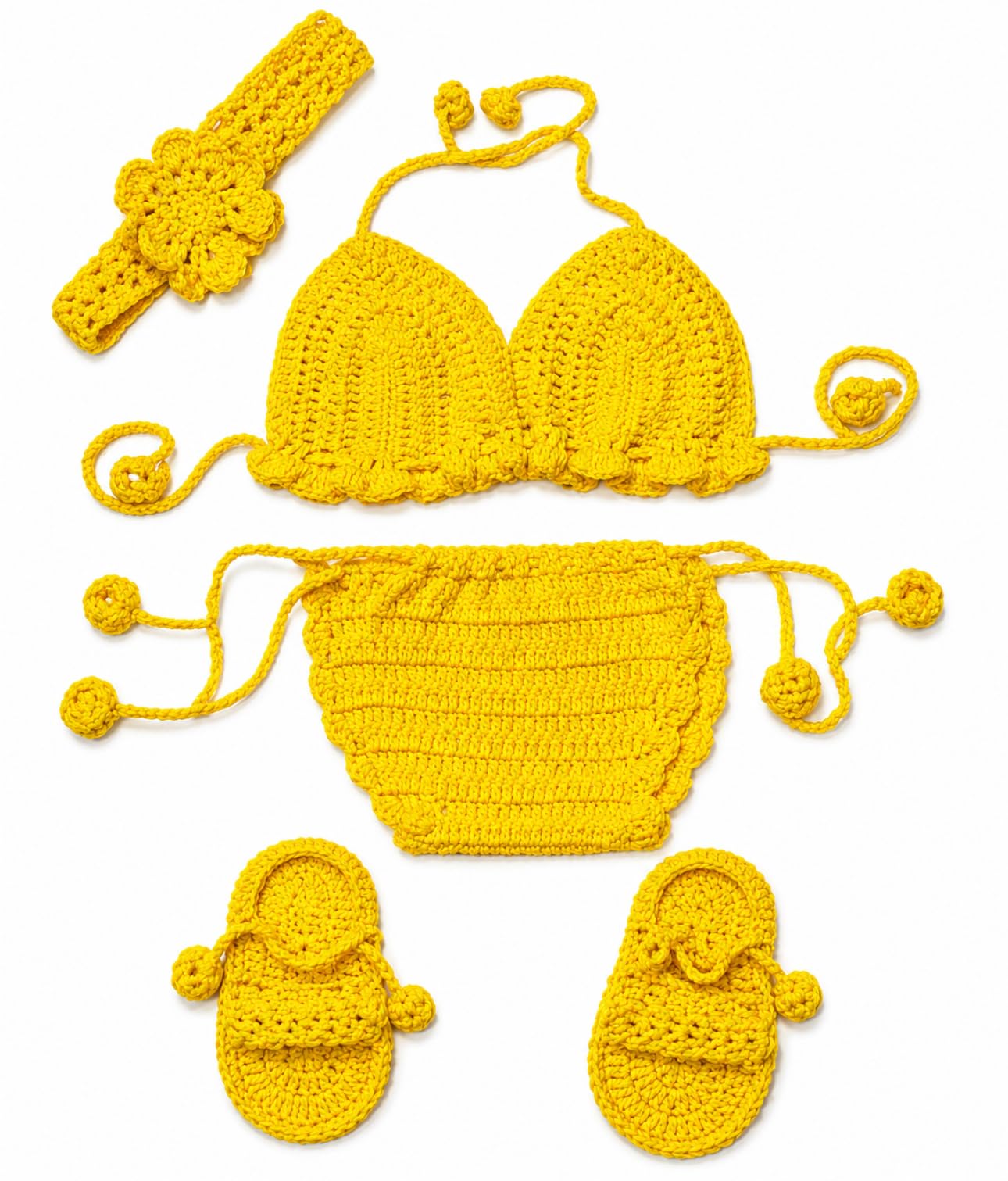 Woonie Handcrafted Crochet Knit Kids Swimwear Set, Yellow Cotton, Sunflower Design, for Infants 0-15 Months, 4 Pieces-image-2