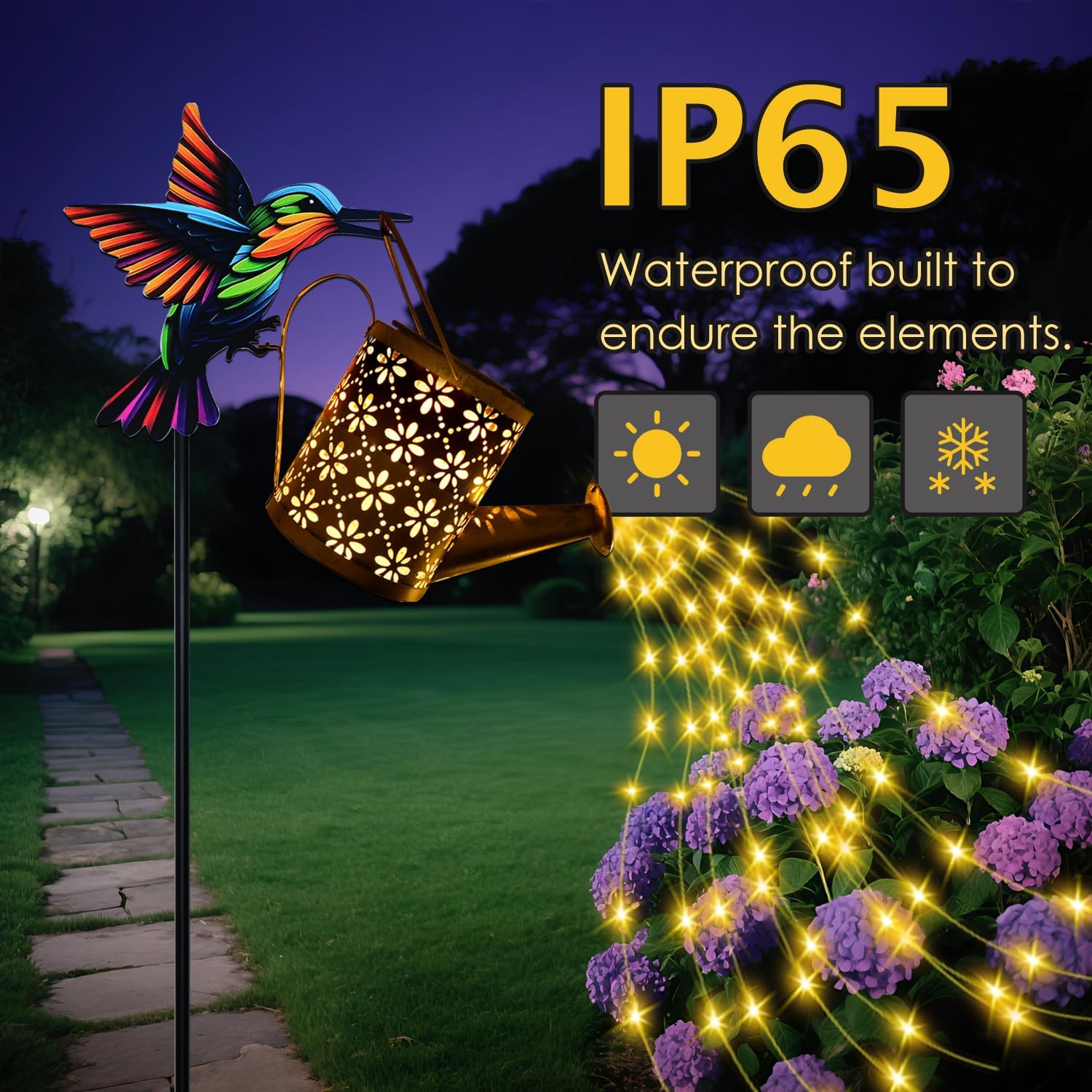 Solar Watering Can with Cascading Lights Outdoor Garden Decor, Hummingbird Shaped Hook Gardening Gifts for Mom Women Grandma Birthday, Solar Lights for Garden Decorations Patio Yard Lawn Backyard - Image 2