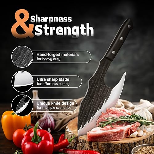 Miniatura 24 de TIJERAS Cuchillo de carnicero para cortar carne, cuchillo de carnicero de alto carbono con mango de madera, cuchillo japonés japonés forjado a mano