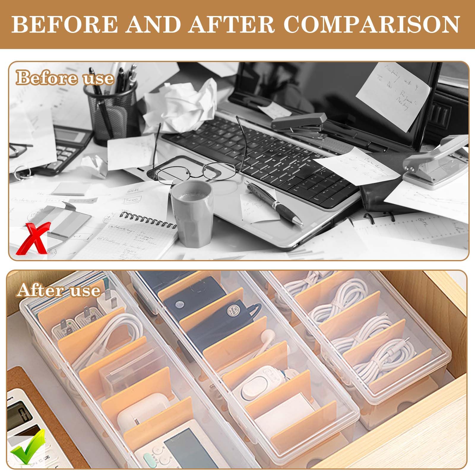 GOMETY Confezione da 2 organizer per cavi dati, scatola per cavi in plastica trasparente, 7 divisori rimovibili, organizer per cavi personalizzabili