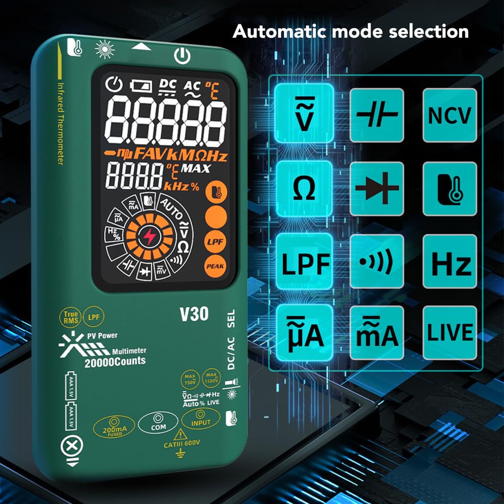 V30 - Multimetro a infrarossi fotovoltaico intelligente con 20000 conteggi, doppia potenza, attivazione corrente automatica, guscio in silicone morbido per pannello solare