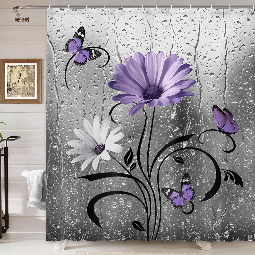 Rustic Purple Floral Boho Shower Curtain, Country Farmhouse Daisy Flowers and Butterfly Shower Curtain for Bathroom, Grey Gray Violet Surreal Floral Bathroom Curtain with 12PCS Hooks, 70X84IN