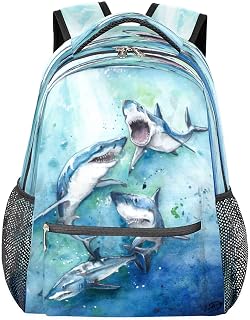 Mochilas escolares leves para meninos e meninas adolescentes tubarão animal aquarela impermeável 16 polegadas viagem laptop mochilas casuais adequadas para homens e mulheres trabalho viagens caminhadas acampamento, Multicor, Medium