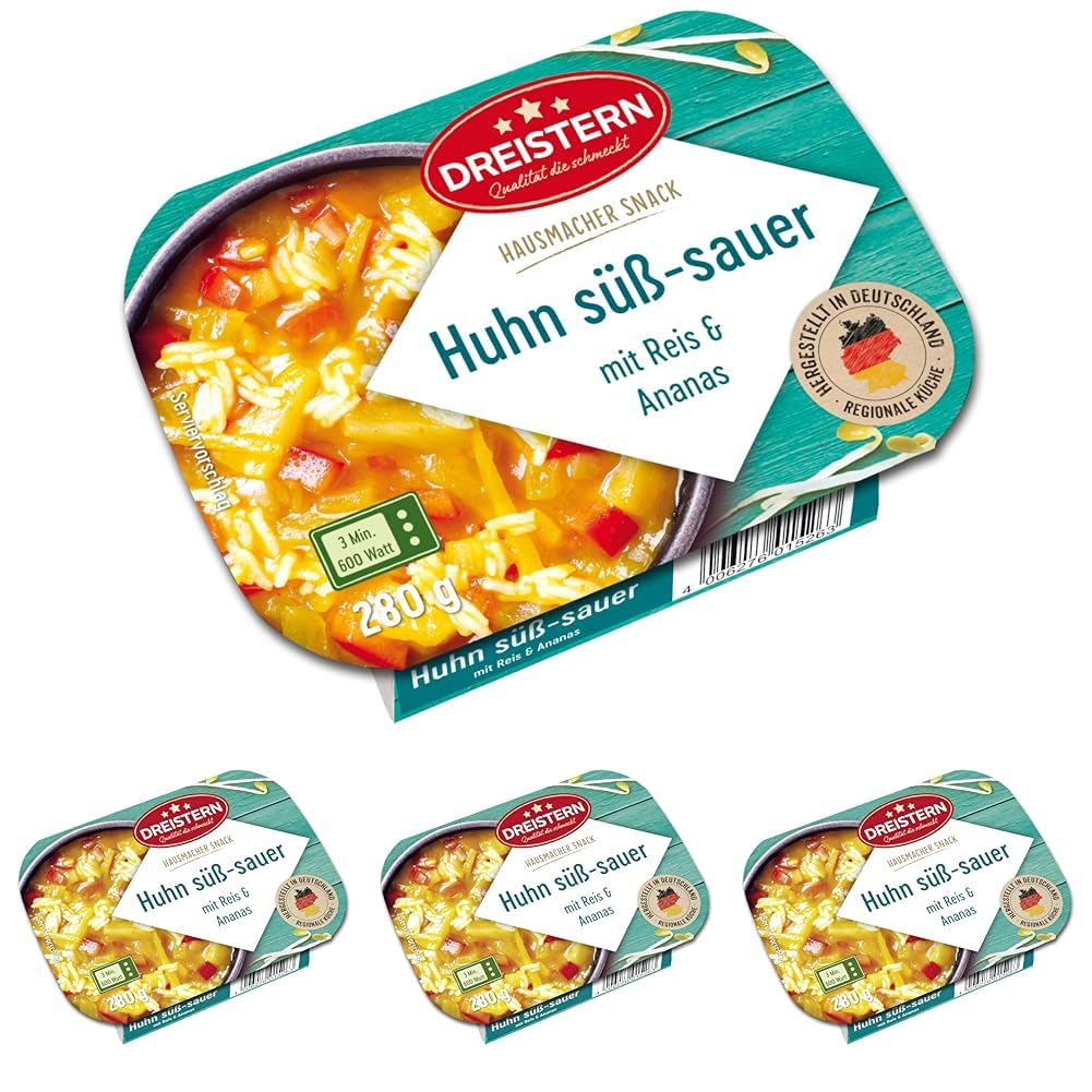 DREISTERN Huhn Süß-sauer mit Reis und Ananas 280g | Snack aus der Little Hot Kitchen | schnell & einfach zubereitet (Packung mit 4)
