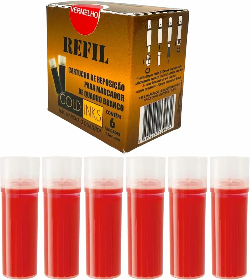 Caixa Com 6 Recargas P/Pincel De Quadro Branco - Não Mancha (Vermelho)