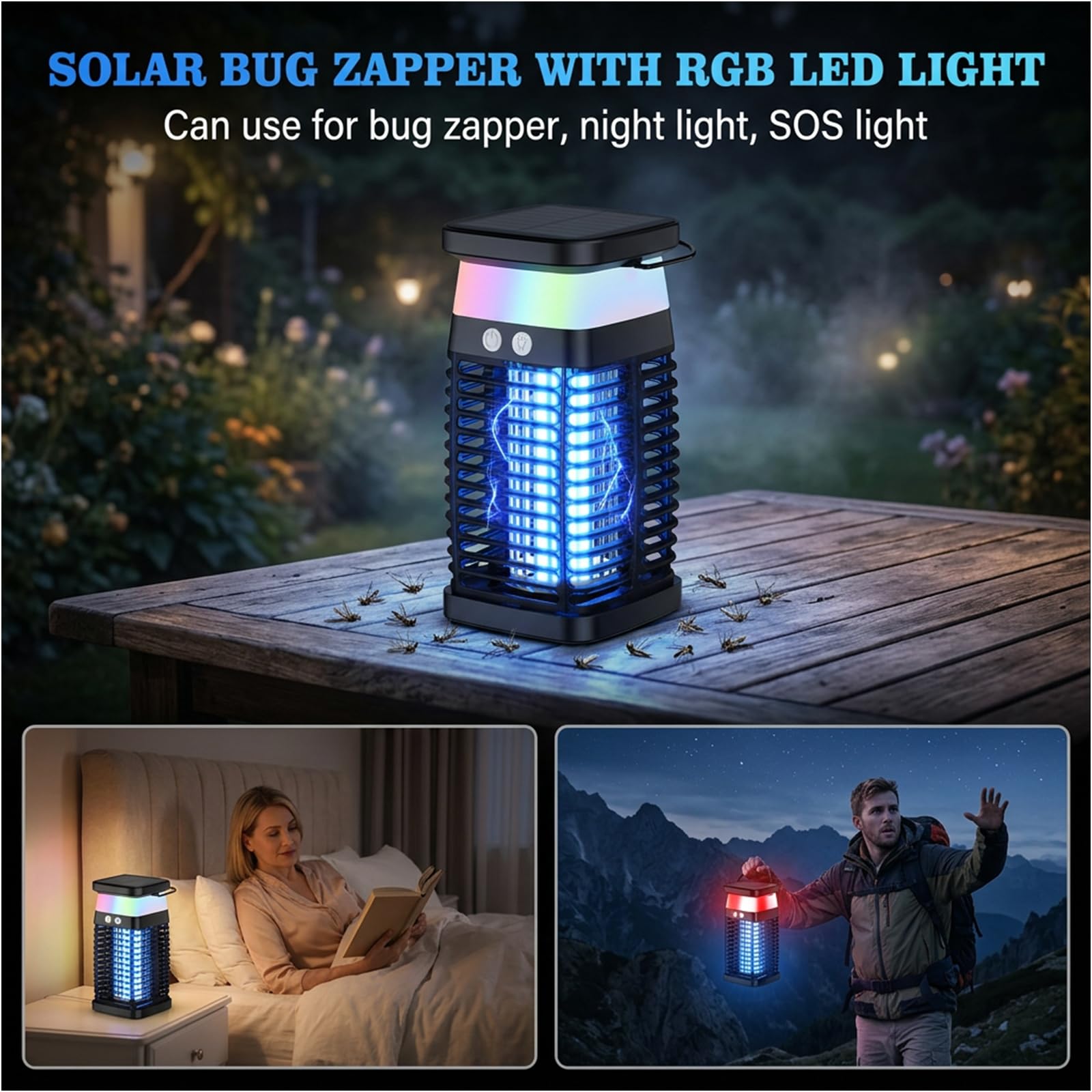 Qoosea Anti-Moustique Solaire Électrique, Lampe Tue-Moustiques avec Grille 4200V Recharge USB-C Batterie 4000mAh IP65 Étanche Piège à Insectes pour Maison Cuisine Chambre Jardin Intérieur et Extérieur